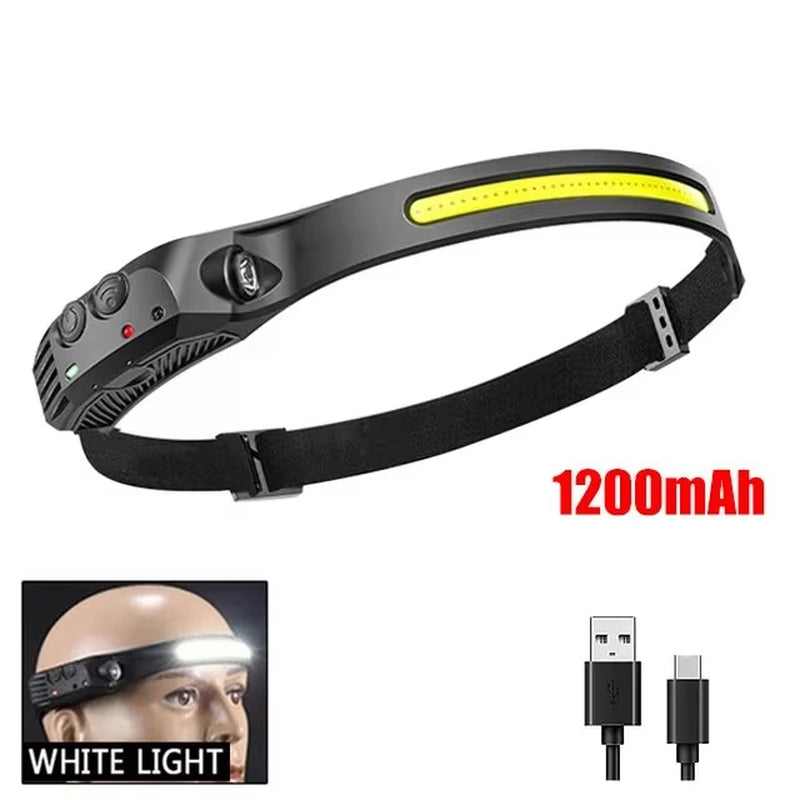 COB LED Headlamp Induction Head Lamp Built-In Battery USB Rechargeable Head Flashlight Outdoor Camping Fishing Sensor Headlight