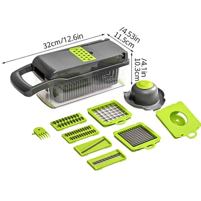 1Pc Green Black 12 in 1 Multifunctional Vegetable Slicer Cutter Shredders Slicer with Basket Fruit Potato Chopper Carrot Grater