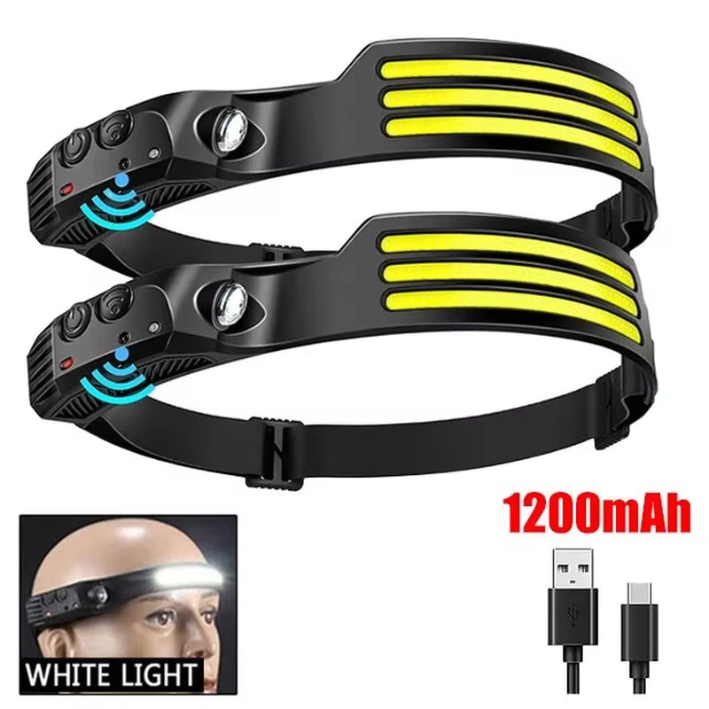 COB LED Headlamp Induction Head Lamp Built-In Battery USB Rechargeable Head Flashlight Outdoor Camping Fishing Sensor Headlight