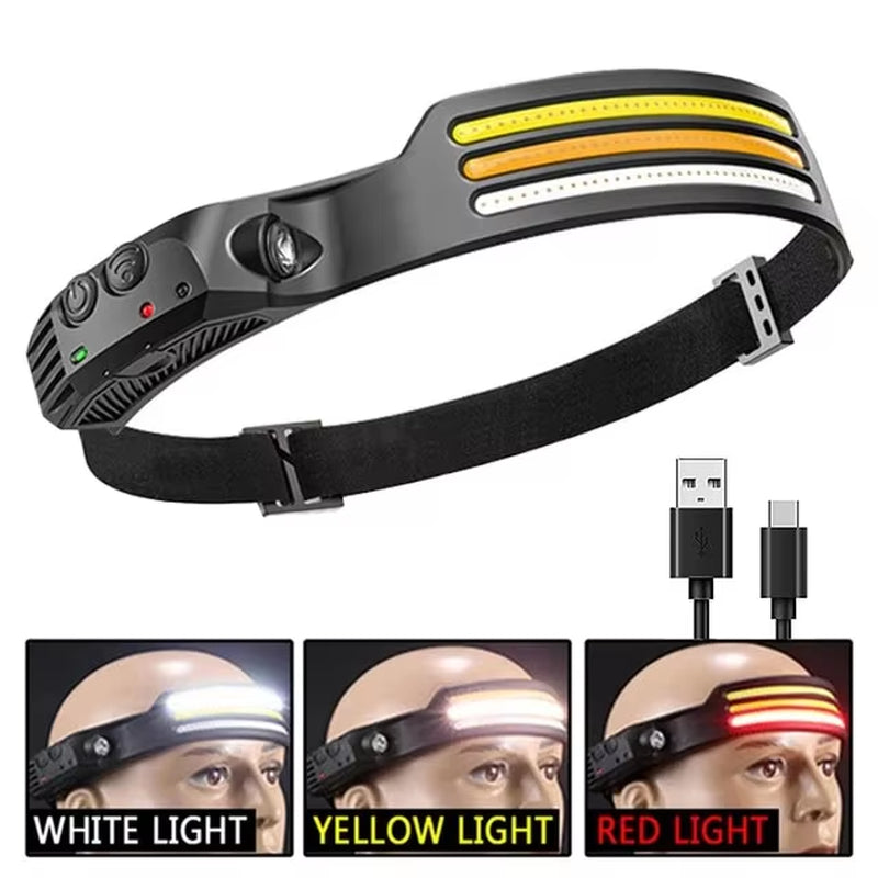 COB LED Headlamp Induction Head Lamp Built-In Battery USB Rechargeable Head Flashlight Outdoor Camping Fishing Sensor Headlight