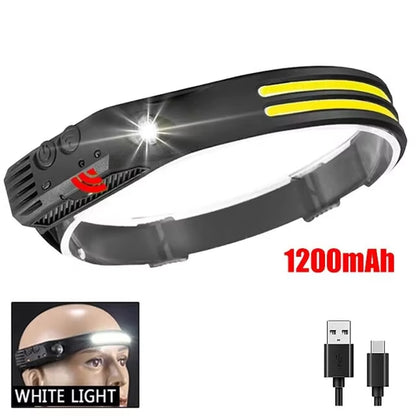 COB LED Headlamp Induction Head Lamp Built-In Battery USB Rechargeable Head Flashlight Outdoor Camping Fishing Sensor Headlight